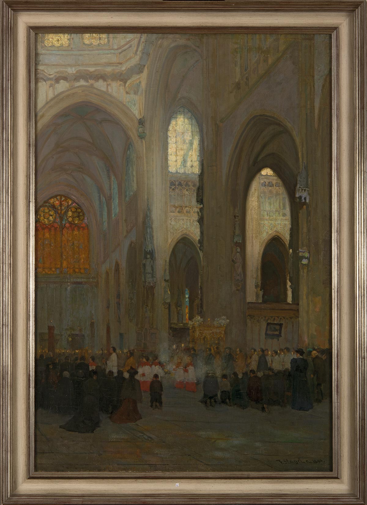 Frans Slager - Sacramentsprocessie in de Sint-Jan olieverf op doek, gesigneerd en gedateerd 1894