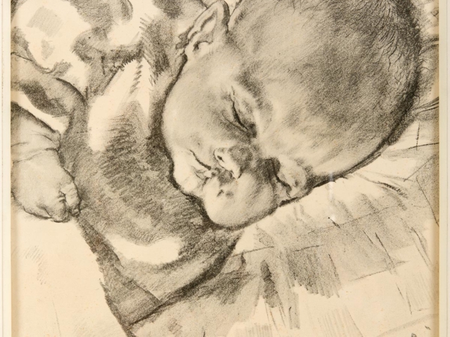 Jan Sluijters (1881-1957), Slapende baby tekening houtskool/potlood, gesigneerd